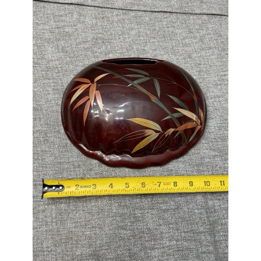 Vintage 1970s Ceramic Wall Hanging Vase Bamboo Design Brown Orange Oval Shape